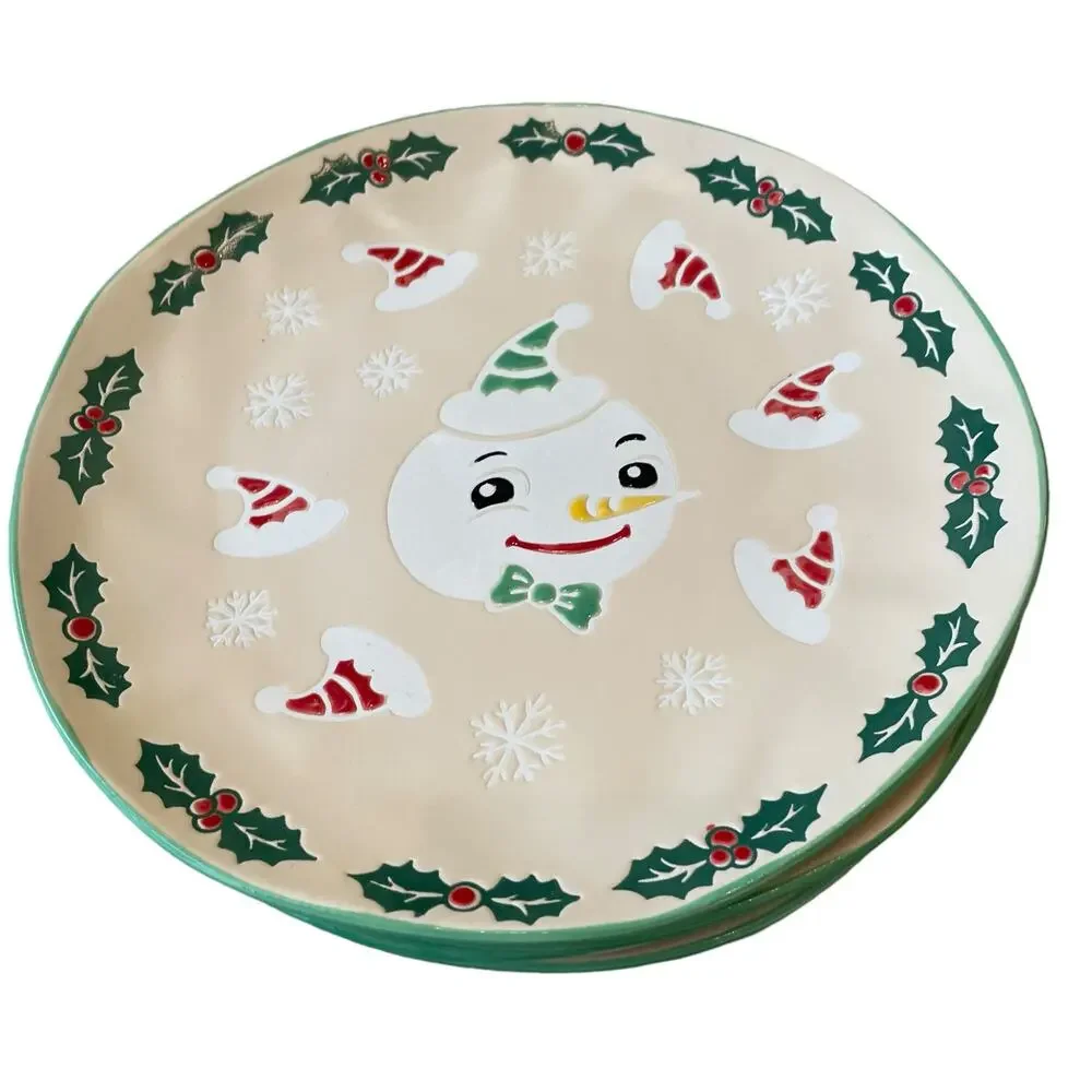 ELI + ANA Christmas VINTAGE SNOWMAN Dinner Plate 11in Set of 4 Ceramic New
